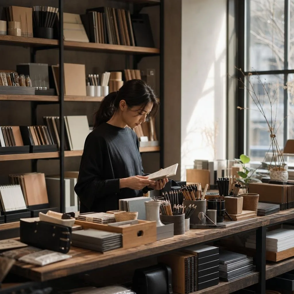 Quiet workspace with notebooks, pens, and desk tools in natural light