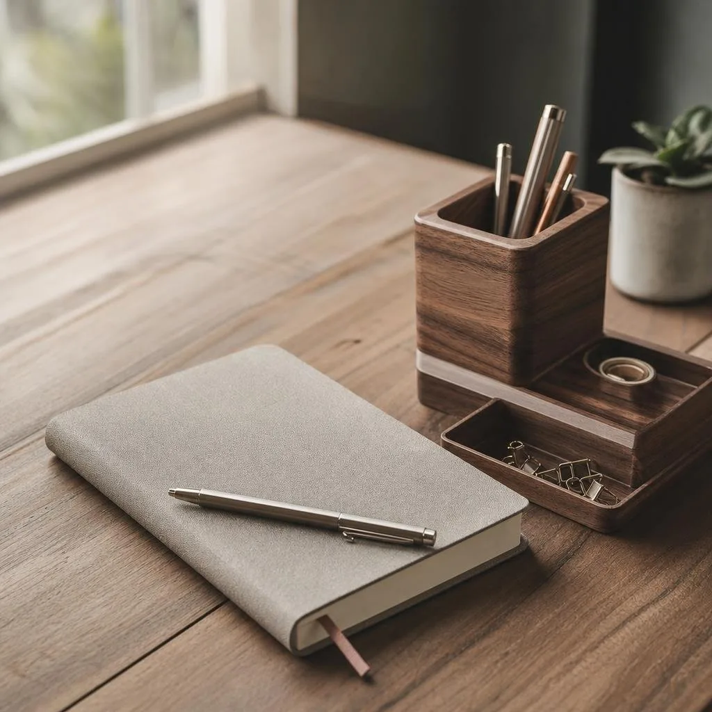 A notebook, pen, and desk organizer laid out on a wooden work surface